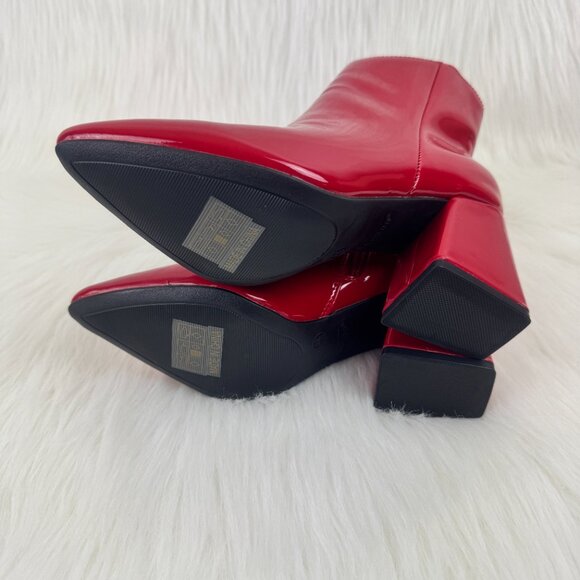 Women's Bamboo Red Faux Patent Leather Chunky Block Heel Ankle Bootie - Picture 8 of 11